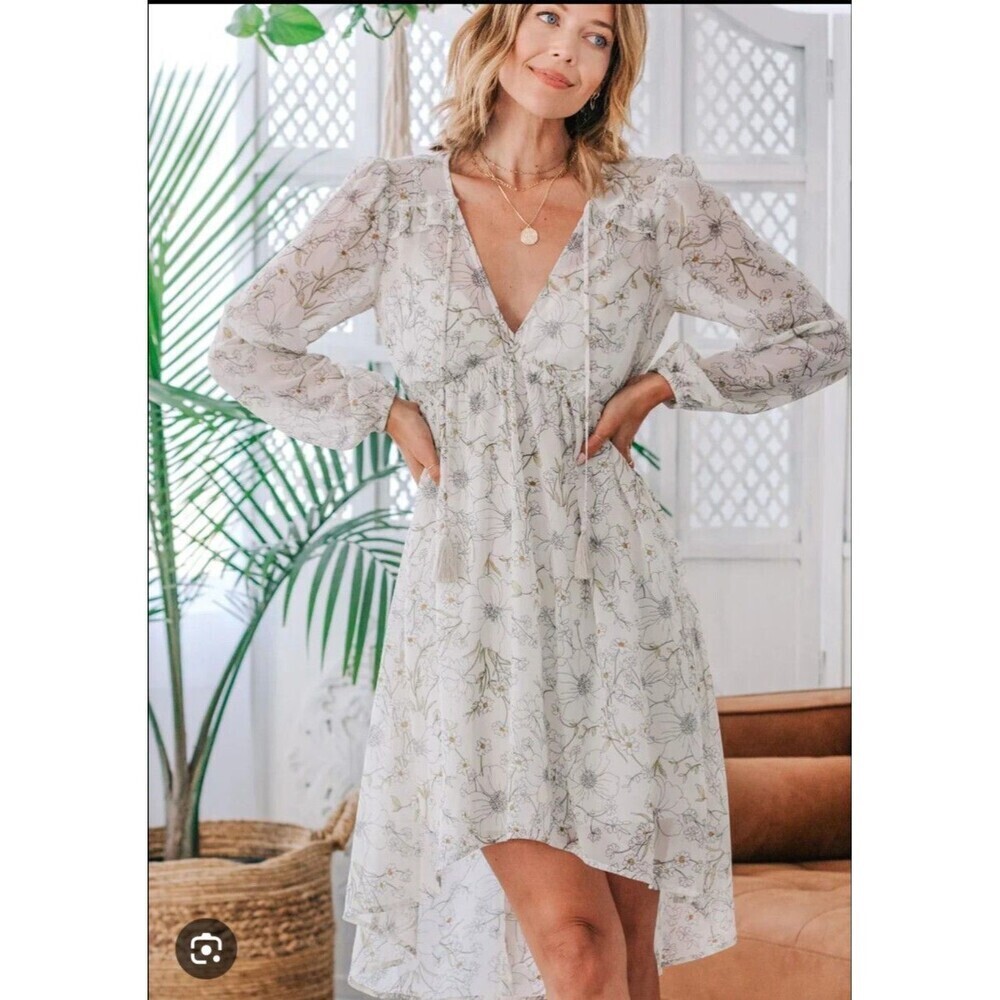Lovestitch Ivory Floral High Low Sheer Midi Babydoll Dress sz M Bridal Romantic